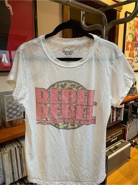 Recycled Karma White Tee with Pink 'Rebel Rebel' Graphic and Leopard Accent